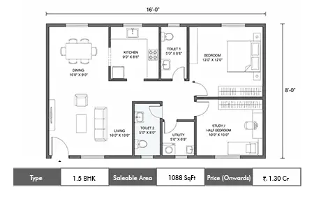 1.5 BHK 1088 SqFt