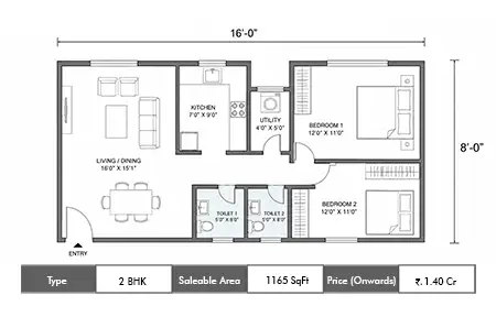 2 BHK 1165 SqFt