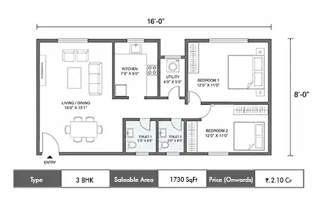 3 BHK 1730 SqFt